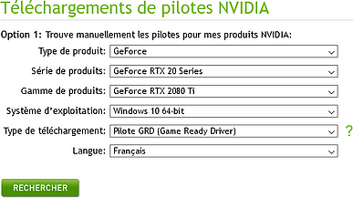 Téléchargement manuel des drivers Nvidia