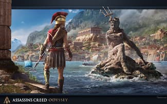Kassandra devant la statue de Poséidon - Assassin's Creed Odyssey - fond d' écran