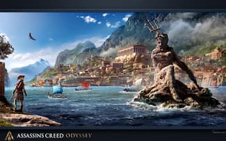 Kassandra et Statue de Poséidon - Assassin's Creed Odyssey - Fond d' écran