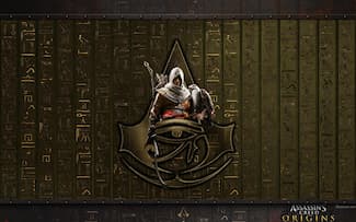 Bayek avec son épée et son aigle à la main | Jeu vidéo Assassin's Creed Origins Logo Fond d' écran.
