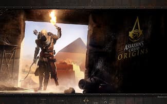 Bayek avec torche dans la pyramide - Jeu vidéo Assassin's Creed Origins Fond d' écran.