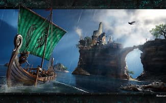 Drakkar viking sur la mer - Assassin's Creed Valhalla - Fond d' écran du jeu vidéo Ubisoft.