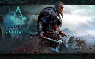 Eivor et les Vikings avec le logo - Assassin's Creed Valhalla - fond d' écran du jeu vidéo d'Ubisoft.