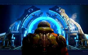 Le Doom Slayer devant le portail DOOM Eternal Bethesda | Arrière-plan d'écran pour PC et Ordinateur portable - Wallpaper Favorisxp -