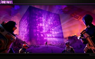 Fortnite : image de fond d'écran de l'attaque du cube par les personnages de la saison 8 du chapitre 2.