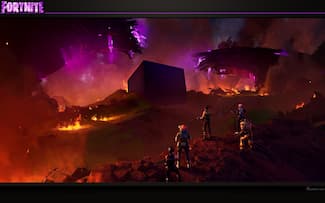 Fortnite : image de fond d'écran de la découverte du cube par les personnages de la saison 8 du chapitre 2.