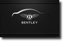 Logo marque voiture Bentley au milieu de l'image avec forme de voiture sur fond noir. 