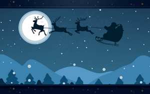 Paysage avec le traîneau du Père Noël tiré par des rennes dans le ciel.