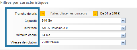 Filtre choix caract�ristiques disque dur.