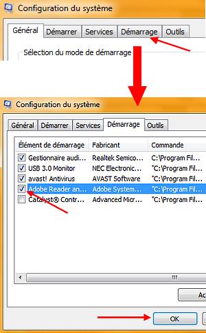 Fenêtre msconfig utilitaire configuration systeme onglet démarrage Windows 7.