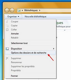 Menu droulant, options des dossiers et de recherche.