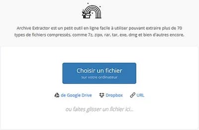 Interface de la page Web Archive Extractor pour la décompression de fichier rar en ligne.