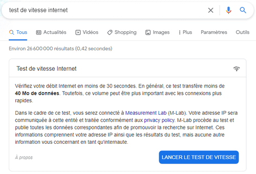 Recherche : test de vitesse internet sur Google.com.