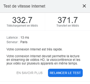 Résultat du test de vitesse internet sur Google.com.